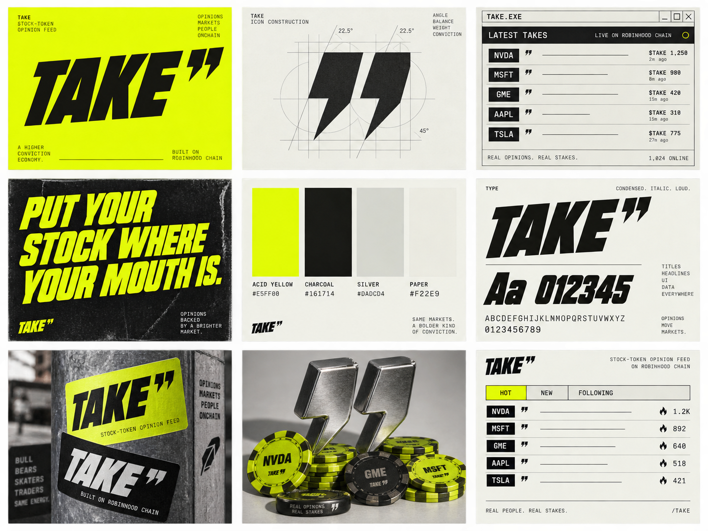 TAKE brand identity board showing the quotation mark logo, acid yellow and ink palette, typography, posters, and 3D token imagery
