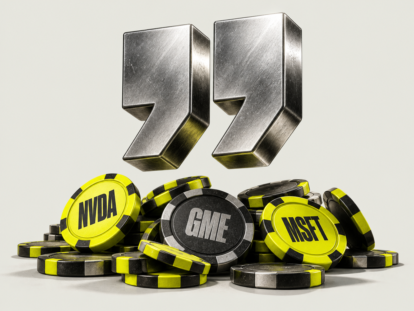 Chrome quotation marks rising from a pile of yellow NVDA, MSFT, and GME stock-token chips